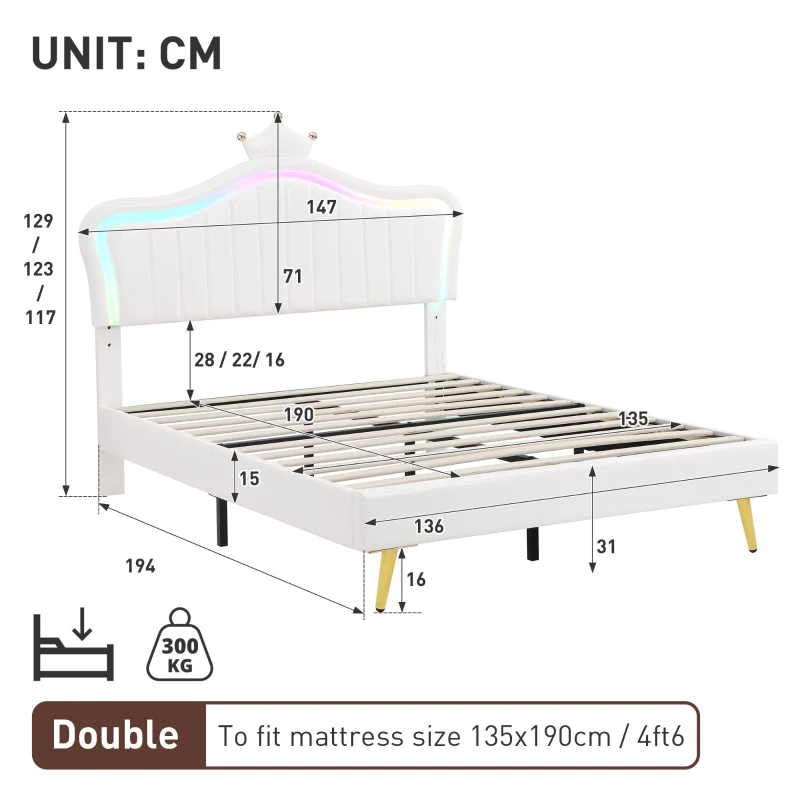 Double Upholstered Bed with Adjustable Crown Headboard, LED Bed Frame with Metal-Wood Support, 194L x 147W x 129H cm, Cream White