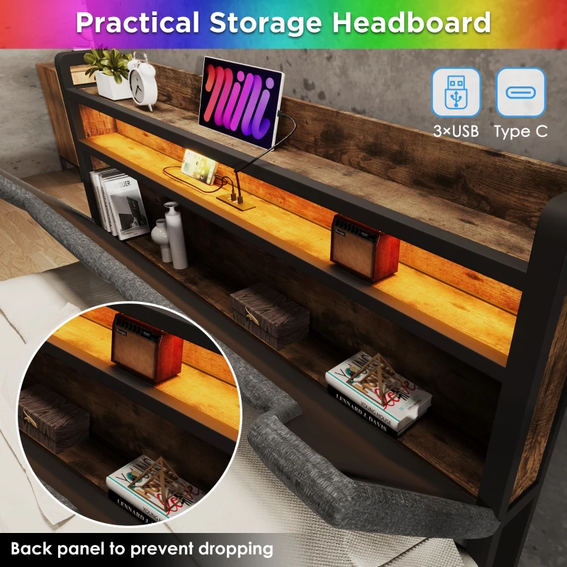 Upholstered Double Bed with LED Lighting, USB Type-C Charging, Bed Frame with Storage Headboard, Drawers, 208L x 137W x 110H cm, Grey