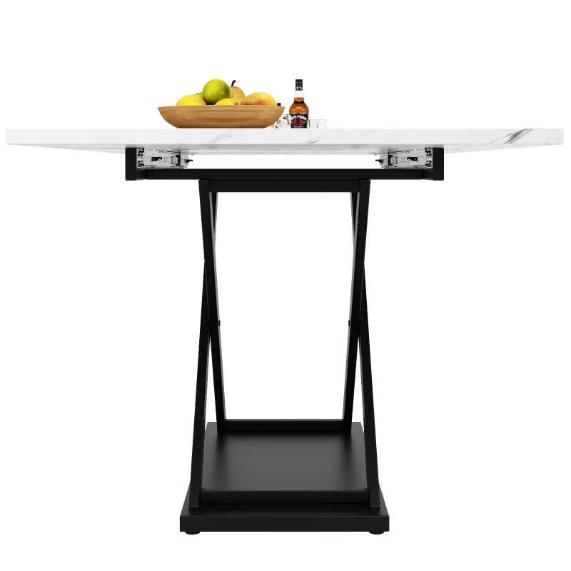 Telescopic Dining Table with Extendable MDF Top and Crossed Iron Legs, Space-Saving Design for Kitchen, 120L x 80W x 75H cm, White+Black