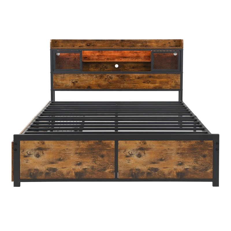 Metal Double Bed with LED Light Strip, 2 Drawers and USB Charging Ports, Sturdy Iron Frame, 207L x 135.5W x 83.5H cm, Black