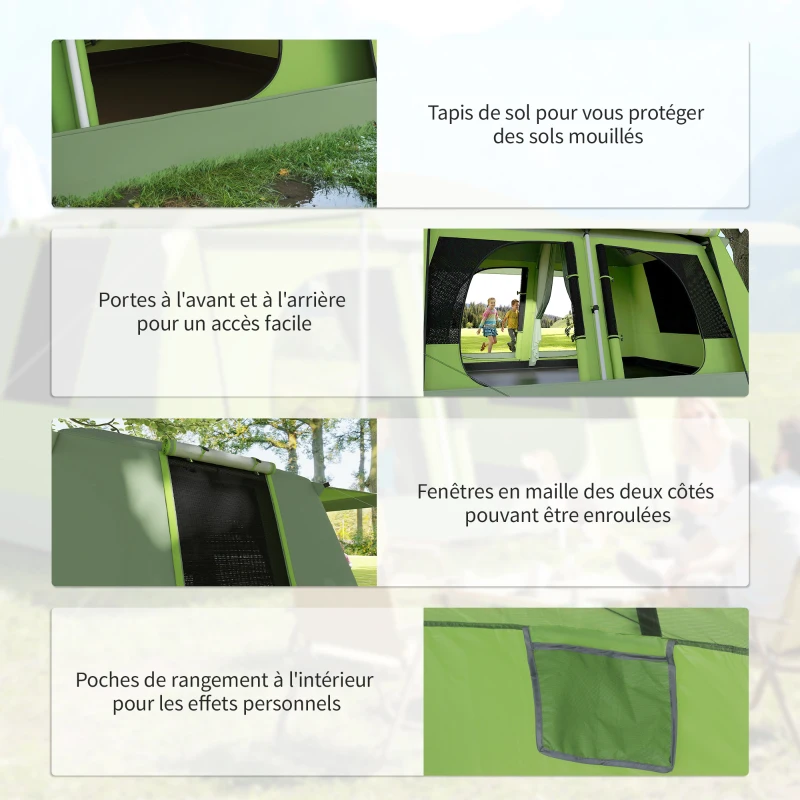 Outsunny Tente de camping avec porche pour 4 à 8 personnes légère portable, facile à Installer, sac de transport et crochet, vert
