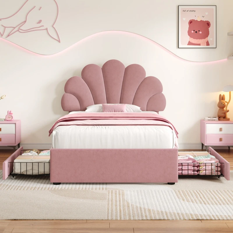 Single Upholstered Bed with Adjustable Petal Headboard, Solid Wood Slat, Velvet Bed Frame with Storage Drawers, 194L x 107W x 106H cm, Pink