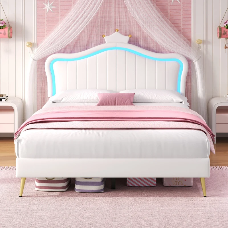 Double Upholstered Bed with Adjustable Crown Headboard, LED Bed Frame with Metal-Wood Support, 194L x 147W x 129H cm, Cream White