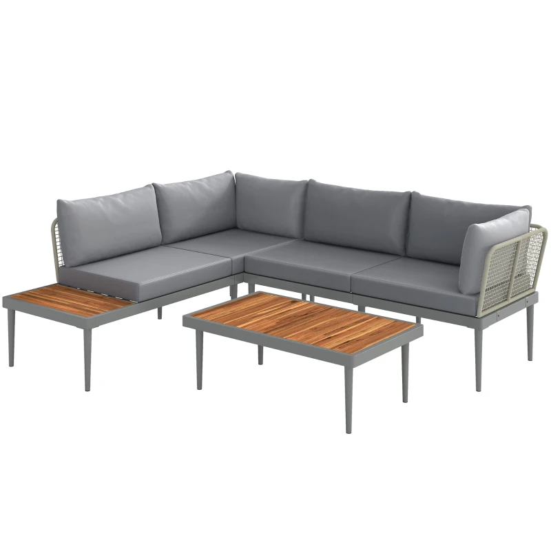 Outsunny Salon de jardin extérieur 4 places modulable en bois d'acacia, canapé d'angle extérieur avec table basse et coussins
