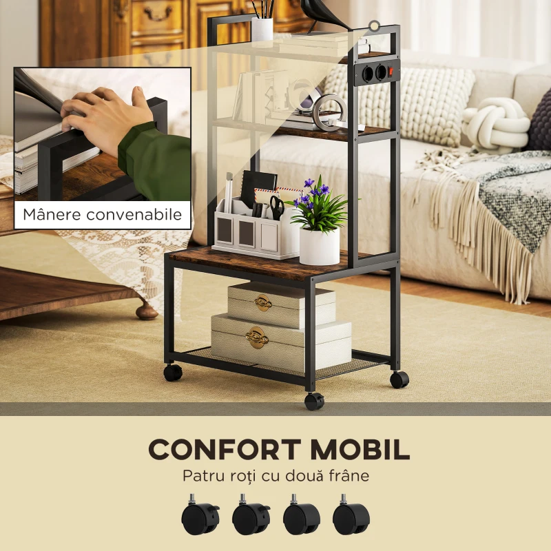 HOMCOM Cărucior Suport Imprimantă 4 Niveluri cu Prize și Roți, Maro