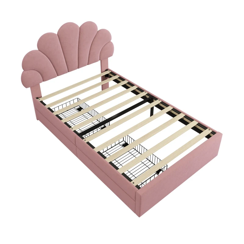 Single Upholstered Bed with Adjustable Petal Headboard, Solid Wood Slat, Velvet Bed Frame with Storage Drawers, 194L x 107W x 106H cm, Pink