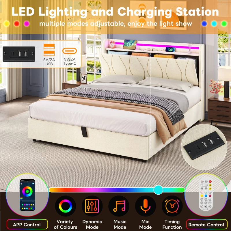 Double Upholstered Bed with LED Headboard, USB and Type-C Ports, Hydraulic Storage Bed with Charging Station, 207L x 136W x 105H cm, Beige