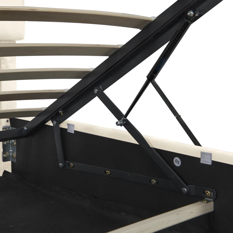 LED Double Upholstered Bed Frame with Charging Station, Adjustable Headboard, Velvet Hydraulic Storage Bed, 202.5L x 142W x 108H cm, Beige