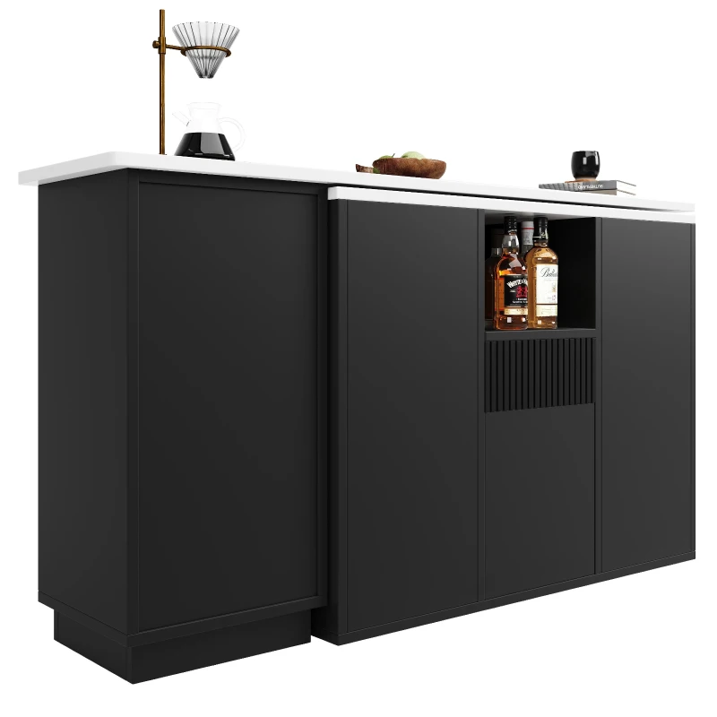 360° Swivelling Kitchen Island with Marble Worktop, Storage Compartments, Bar Table for Kitchen, Living Room, 198.5L x 30W x 72.5H cm, Black