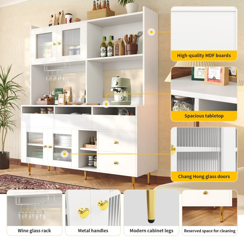 Multi-purpose Storage Cabinet with Changhong Glass Door, Wine Glass Holder, Multi-layered Storage Space, 145L x 39W x 171H cm, White