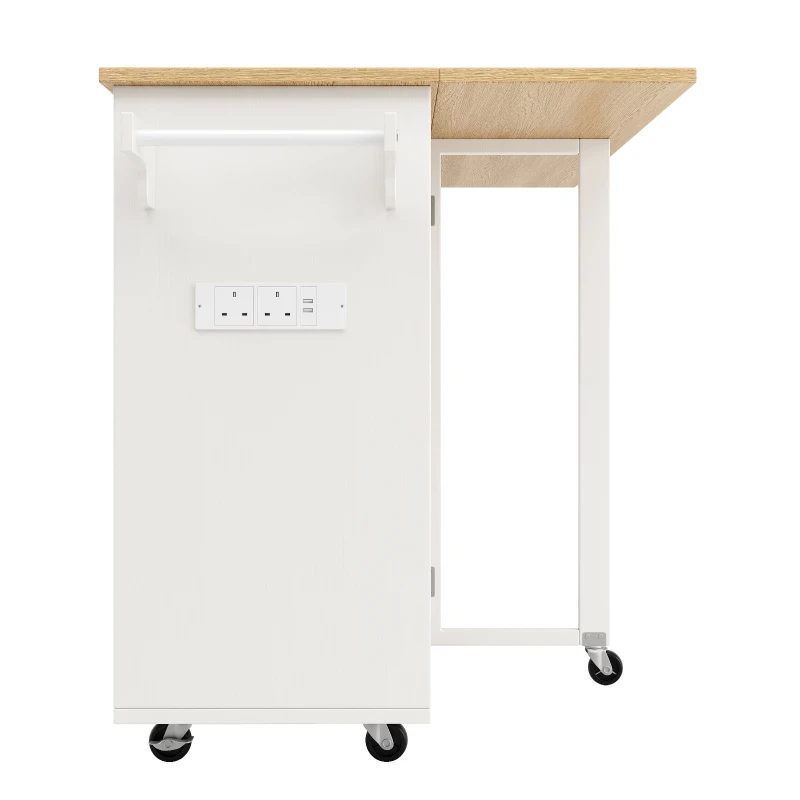 Kitchen Island Trolley with Power Strip, Folding Design and Wine Rack, Space-Saving Design for Kitchen, 131.5L x 76W x 91H cm, White+Natural