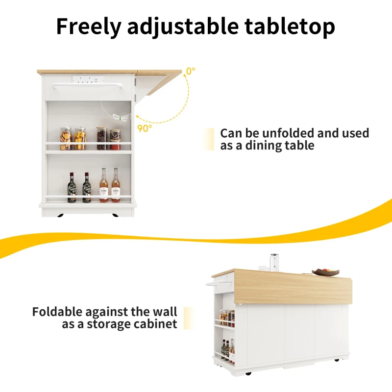 Kitchen Island Trolley with Power Strip, Foldable Dining Table, Ample Storage and Lockable Castors, 151.5L x 85W x 92H cm, White+Natural