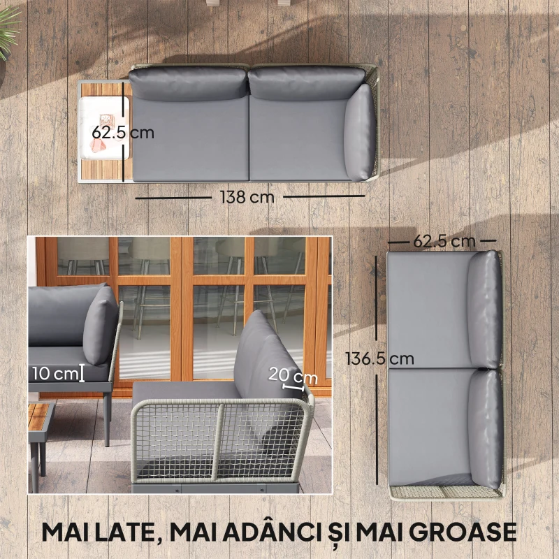 Outsunny Set de Mobilier de Grădină din 3 Piese cu 2 Canapele și Măsuță de Cafea, 184x75x71 cm, Gri