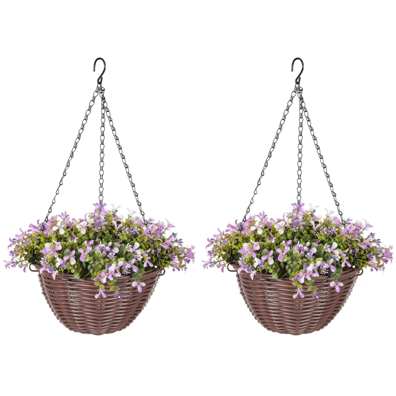 HOMCOM Artificial Flowers in Basket Set of 2, Artificial Hanging Baskets with 75 Leaves and 15 Flowers in Pot, Decorative Plant for Home Office Decor, Purple
