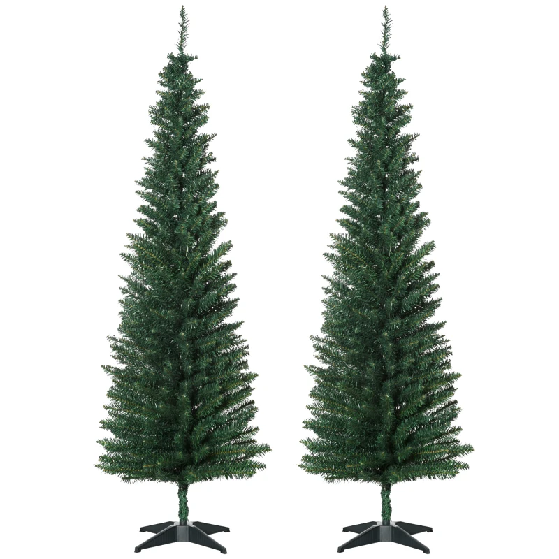 HOMCOM Set 2 Alberi di Natale Artificiali Slim Ø55x180 cm in Plastica e Metallo con 390 Rami, Verde