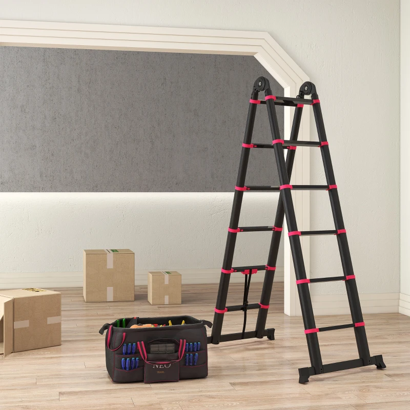 HOMCOM Escalera de Aluminio Plegable 2 Formas de Uso con 12 Escalones Antideslizantes Carga 150 kg 379x67,5x11 cm Negro y Rojo