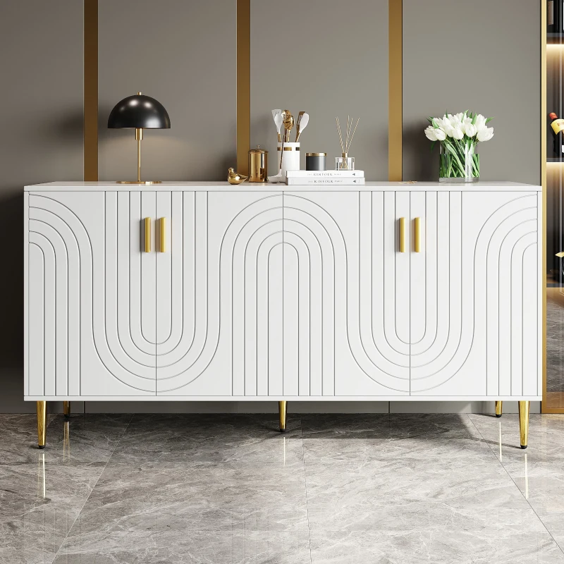 Wave Design Sideboard with Golden Handles and Feet, Elegant Storage Cabinet with 4 Doors and 2 Drawers, 152L x 40W x 75H cm, White