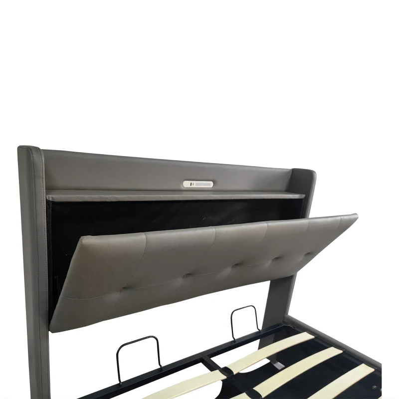 King Upholstered Bed Frame with Hydraulic Storage, LED Light, PU Leather Ottoman Bed with Charging Station, 217L x 152W x 115H cm, Grey