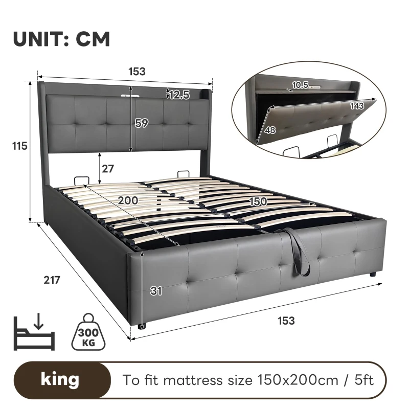 King Upholstered Bed Frame with Hydraulic Storage, LED Light, PU Leather Ottoman Bed with Charging Station, 217L x 152W x 115H cm, Grey