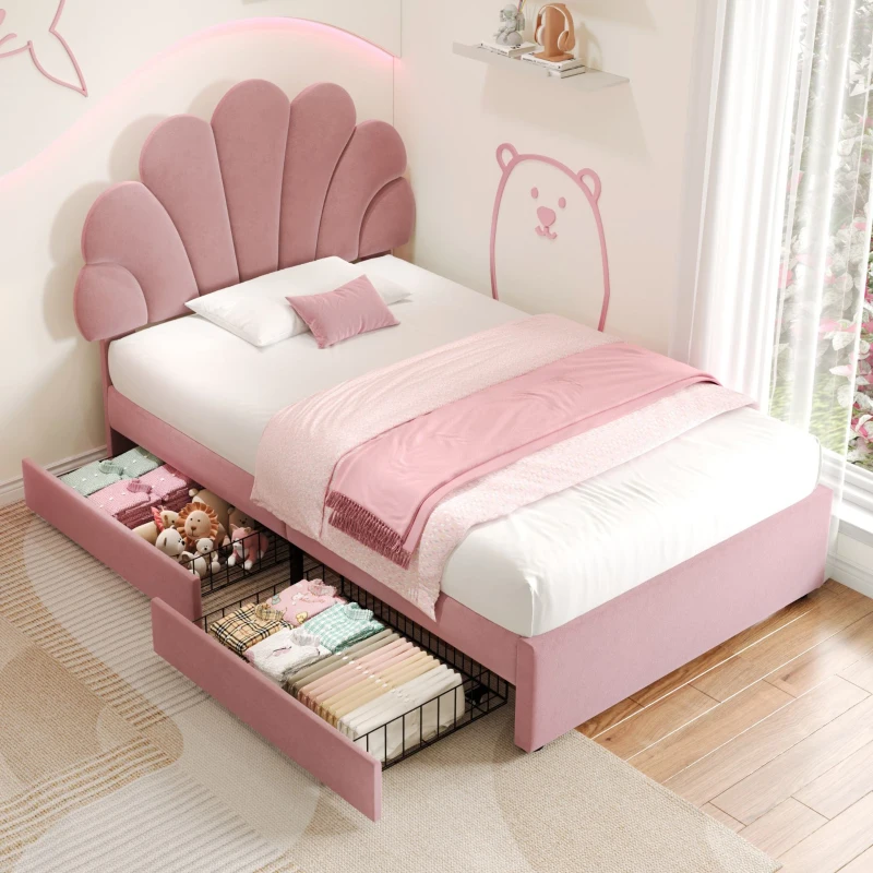 Single Upholstered Bed with Adjustable Petal Headboard, Solid Wood Slat, Velvet Bed Frame with Storage Drawers, 194L x 107W x 106H cm, Pink