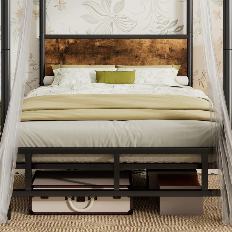Metal Canopy Bed Frame with Durable Iron and MDF Construction, Wood Headboard, Easy Self-Installation, 195L x 90.5W x 192H cm, Black
