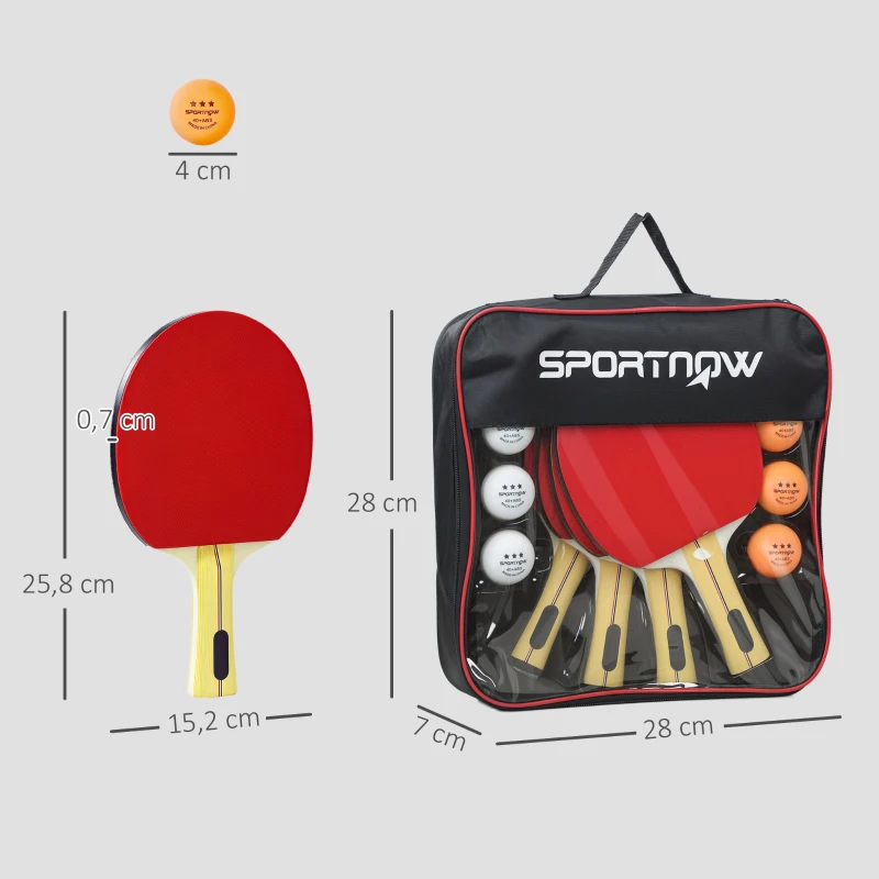 SPORTNOW Juego de Raquetas de Tenis de Mesa con 4 Raquetas de Tenis de Mesa, 8 Pelotas de Tenis de Mesa y Bolsa de Transporte Para Interiores y Exteriores