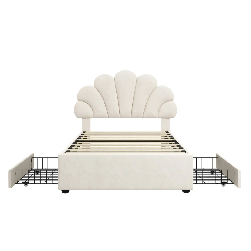 Single Upholstered Bed with 2 Storage Drawers, Adjustable Petal Headboard, Velvet Bed Frame with Wood Slat, 194L x 107W x 106H cm, Beige