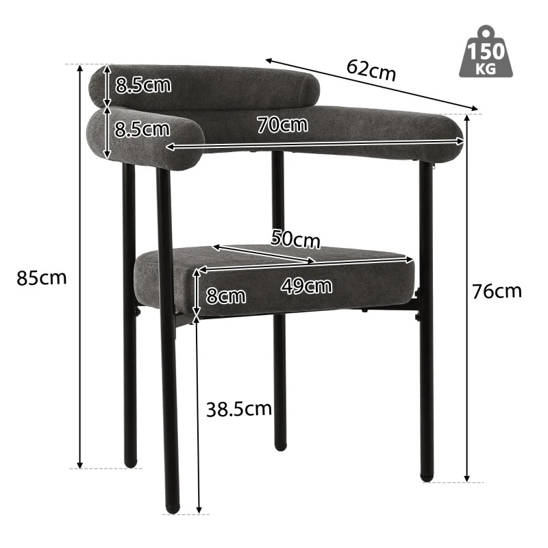 Set of 2 Modern Dining Chairs with High-Density Sponge, Sturdy Iron Frame, Ergonomic Faux Suede Armchair, 70L x 62W x 85H cm, Gray