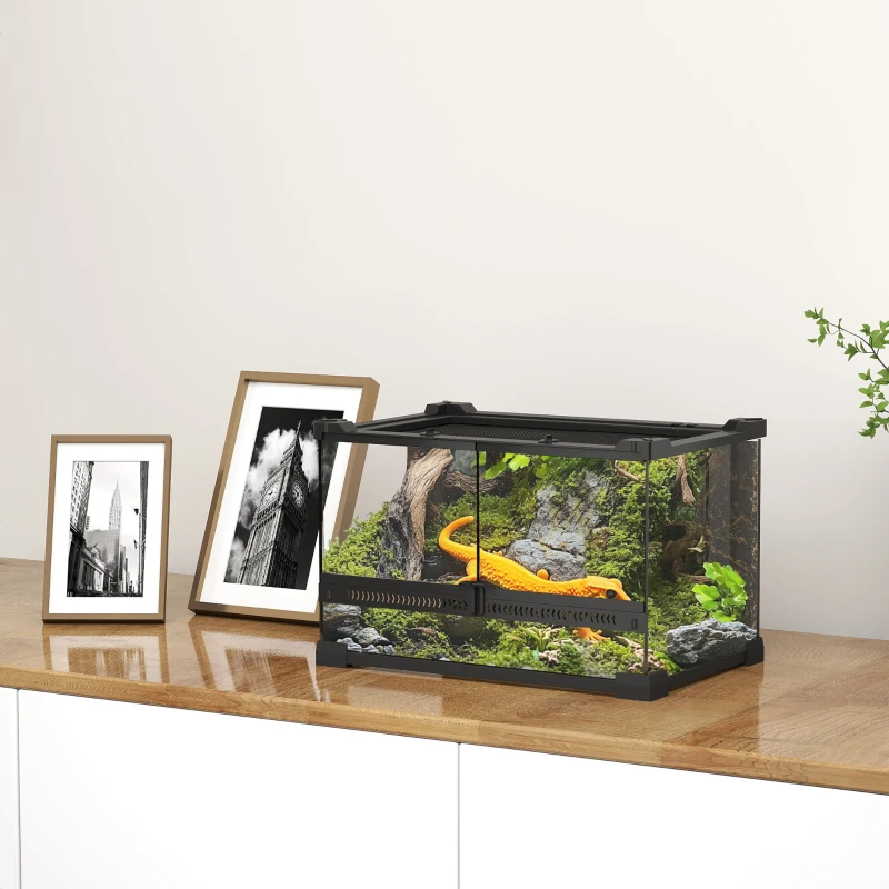 PawHut Reptile Glass Terrarium with Stone Background, Front Ventilation, Escape-Proof Knob Lock, 30 x 20 x 20 cm, Black