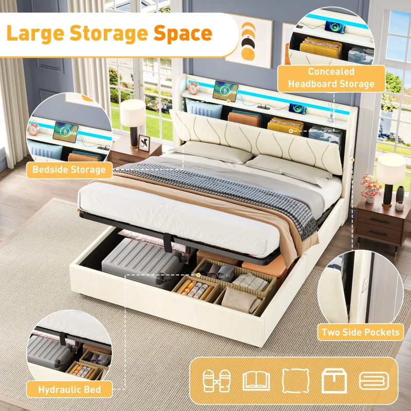 Double Upholstered Bed with LED Headboard, USB and Type-C Ports, Hydraulic Storage Bed with Charging Station, 207L x 136W x 105H cm, Beige