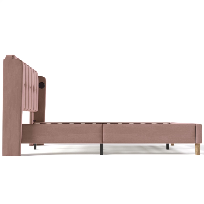 Upholstered Double Bed with USB and Type-C Charging Ports, Wooden Slatted Frame, Teenager Bed for Bedroom, 197L x 150W x 103H cm, Pink