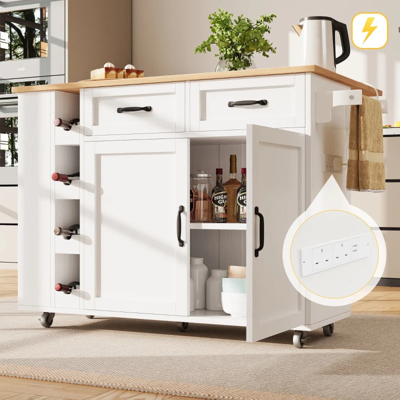 Kitchen Island Trolley with Power Strip, Folding Design and Wine Rack, Space-Saving Design for Kitchen, 131.5L x 76W x 91H cm, White+Natural