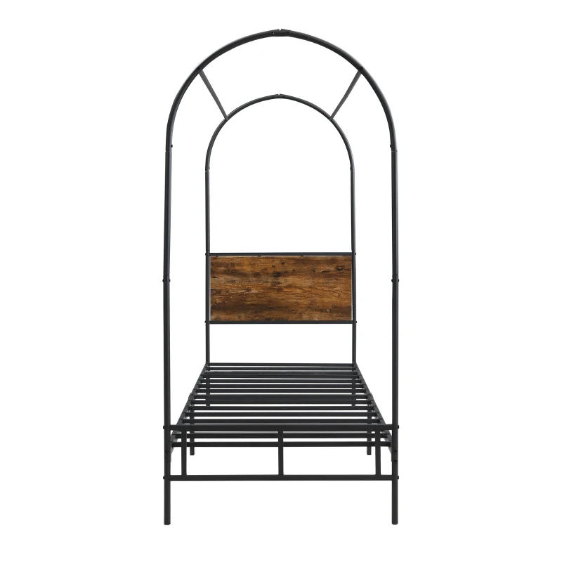 Metal Canopy Bed Frame with Durable Iron and MDF Construction, Wood Headboard, Easy Self-Installation, 195L x 90.5W x 192H cm, Black