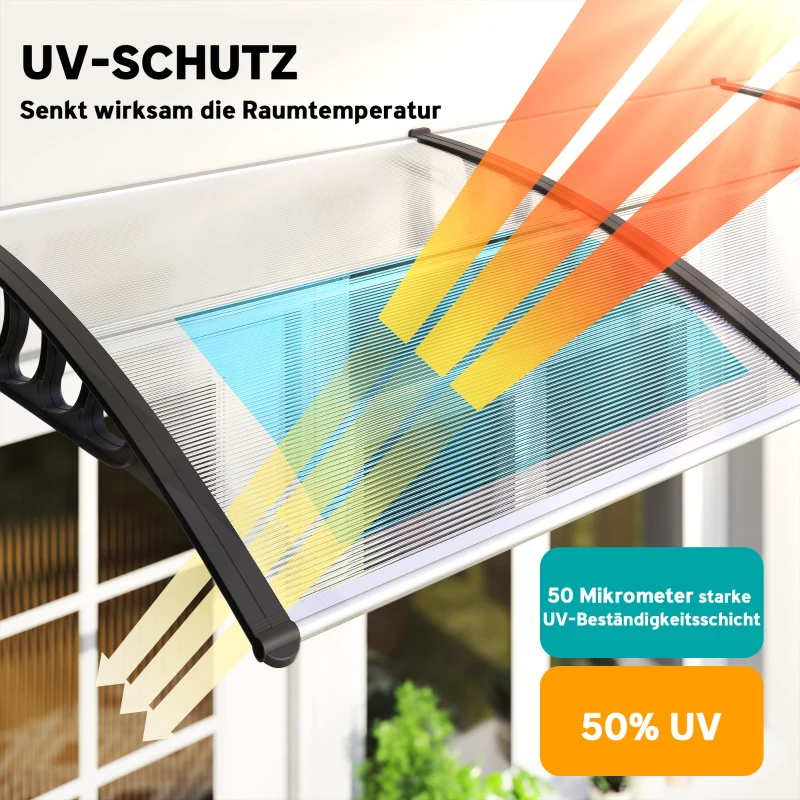 Outsunny Vordach für Haustür/Fenster, wetterfest, transparent, Aluminium/Polycarbonat, 303x96x27cm, Schwarz(m-4)