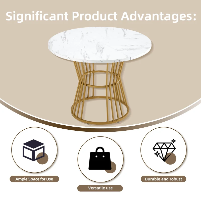 Round Dining Table Set with 4 Velvet Chairs, Marble Pattern MDF Top and Golden Metal Legs, Easy Assembly, 1100L x 100W x 75H cm, White+Green