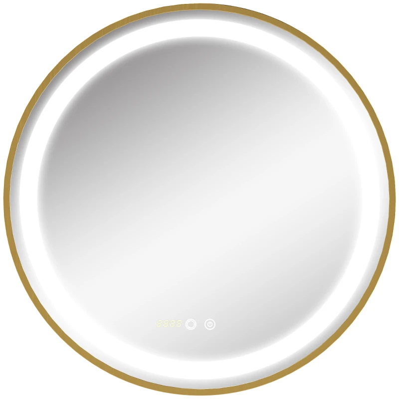 kleankin Espejo de Baño con Luz LED Táctil Función de Memoria Brillo y Color Ajustable y Reloj Ø60x4 cm Dorado