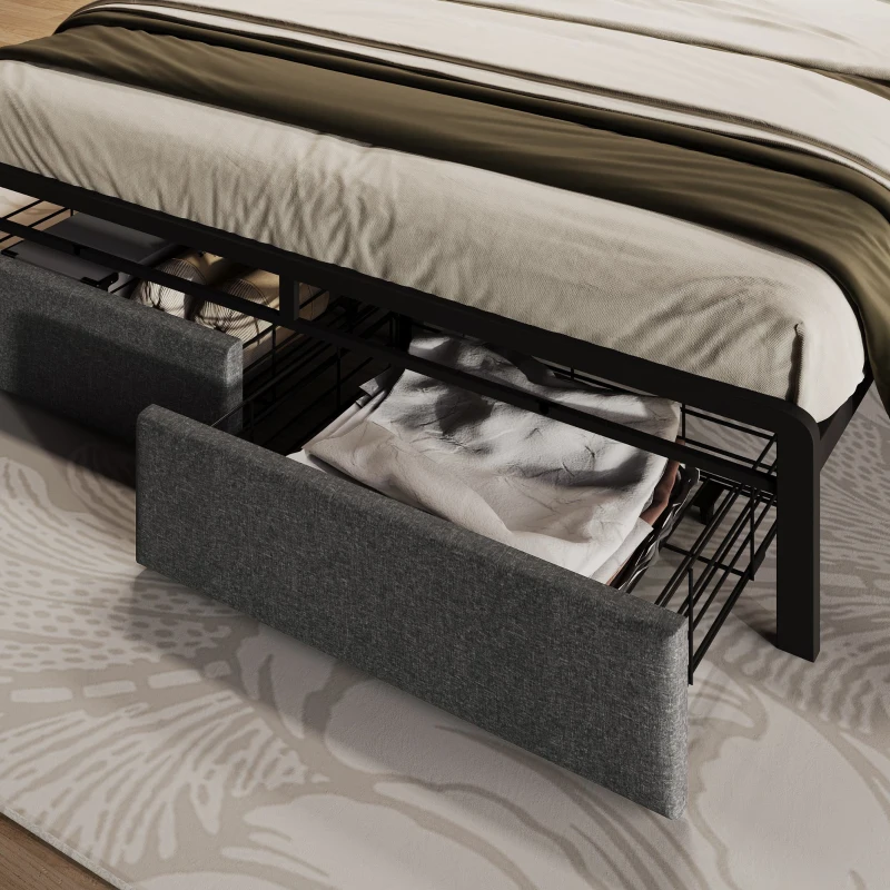 Upholstered Double Bed with LED Lighting, USB Type-C Charging, Bed Frame with Storage Headboard, Drawers, 208L x 137W x 110H cm, Grey