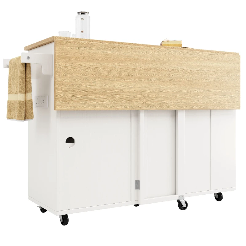 Kitchen Island Trolley with Power Strip, Folding Design and Wine Rack, Space-Saving Design for Kitchen, 131.5L x 76W x 91H cm, White+Natural