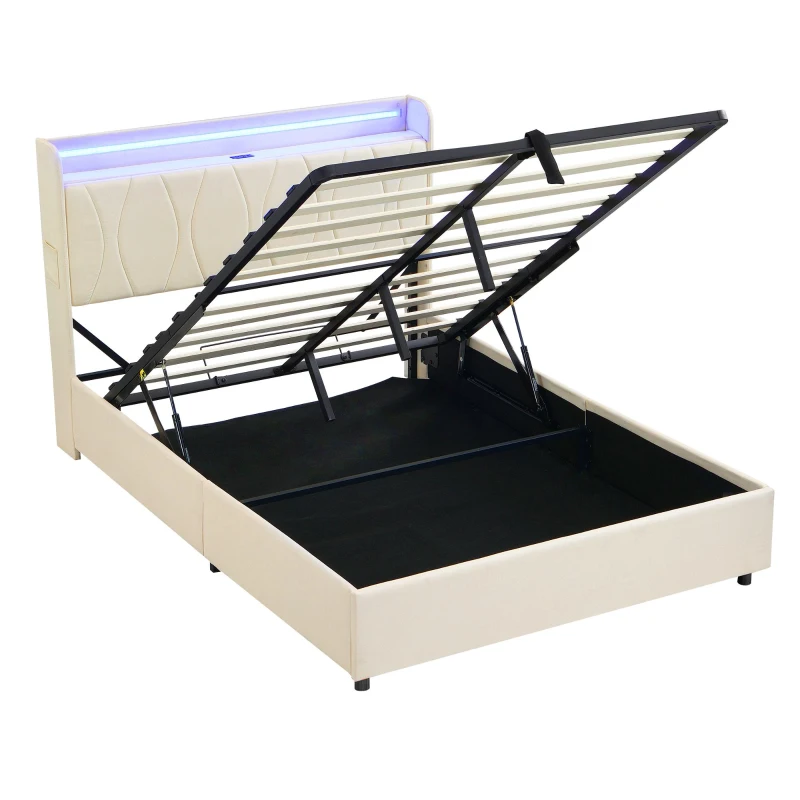 Double Upholstered Bed with LED Headboard, USB and Type-C Ports, Hydraulic Storage Bed with Charging Station, 207L x 136W x 105H cm, Beige