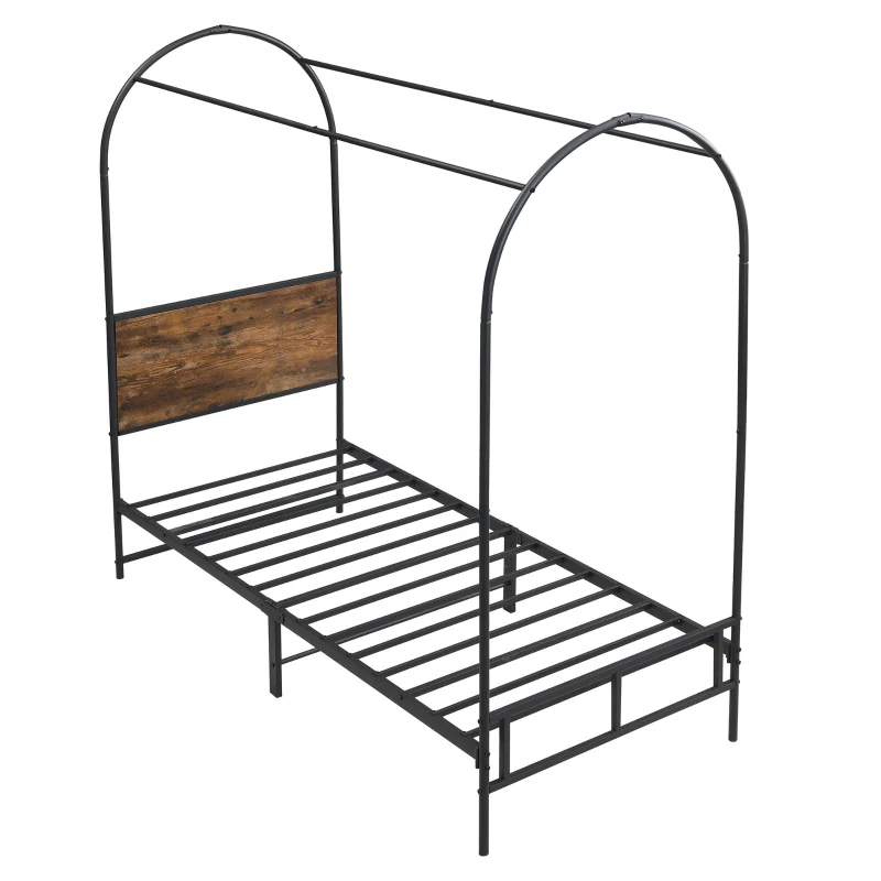 Metal Canopy Bed Frame with Durable Iron and MDF Construction, Wood Headboard, Easy Self-Installation, 195L x 90.5W x 192H cm, Black