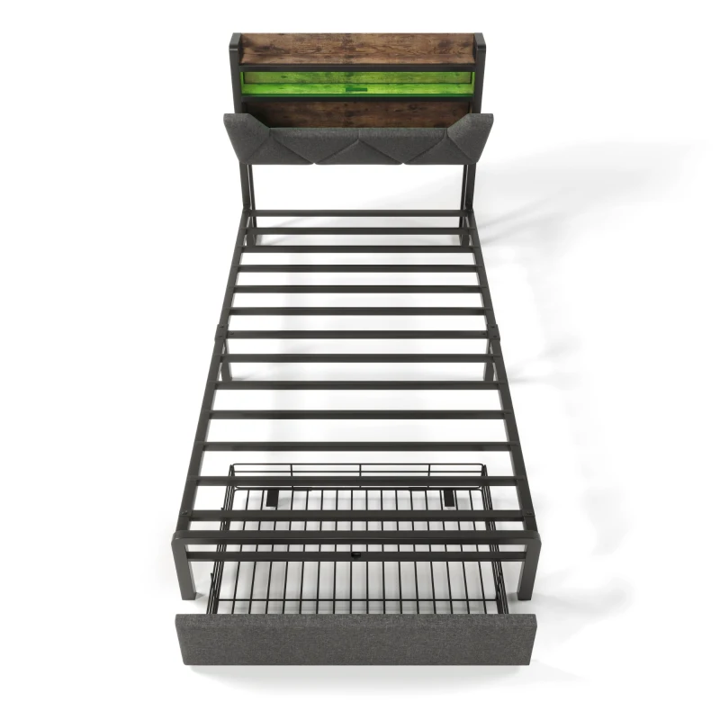 Upholstered Single Bed with LED Lighting, USB Type-C Charging, Storage Headboard and Drawers, 3ft Single Bed, 208L x 92W x 110H cm, Grey