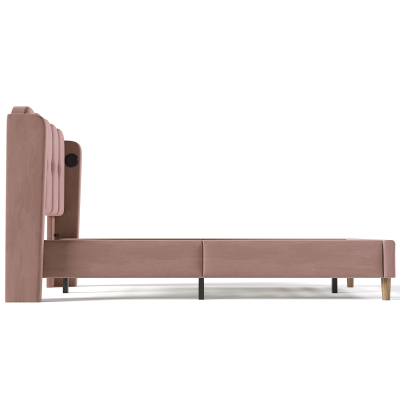 Upholstered Single Bed with USB and Type-C Charging Ports, Velvet Bed Frame with Wooden Slats for Teen Bedroom, 197L x 103W x 103H cm, Pink