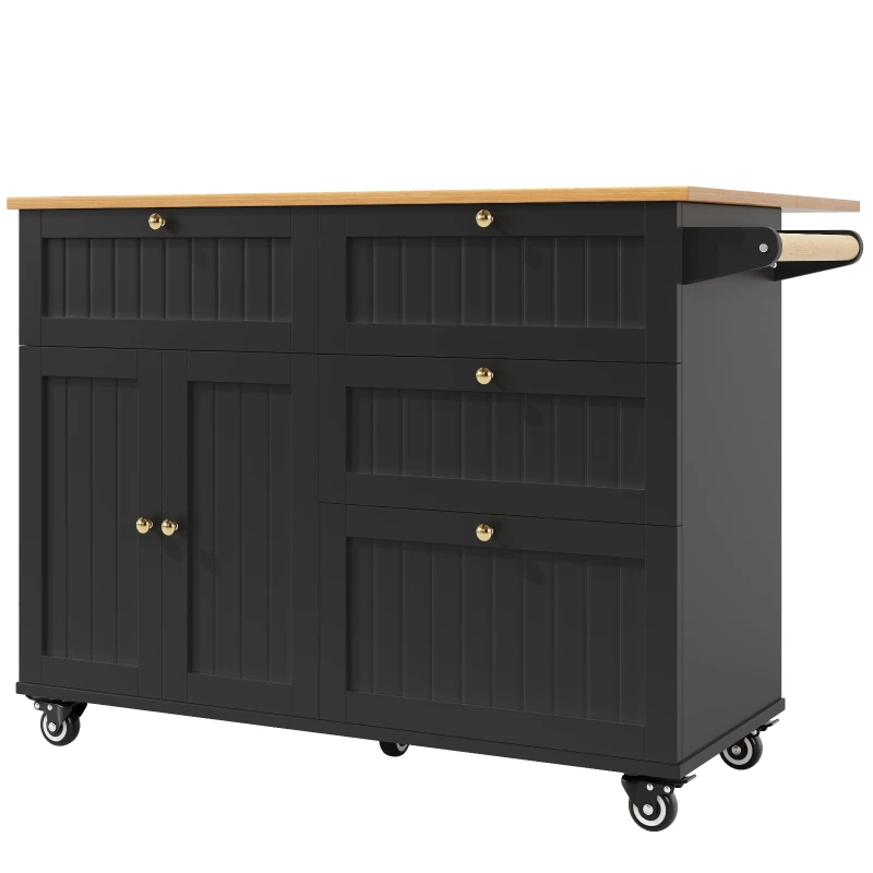 Rolling Mobile Kitchen Island Cart with Drawer and Storage Cabinet, Drop Leaf Breakfast Bar with Towel Rack, 121L x 70W x 88H cm, Black