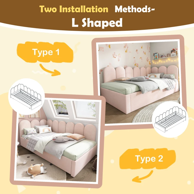 Upholstered Daybed with Pull-Out Bed, 3FT Single Sofa Bed with Metal Slatted Frame, Easy Installation, 193L x 97W x 76H cm, Pink