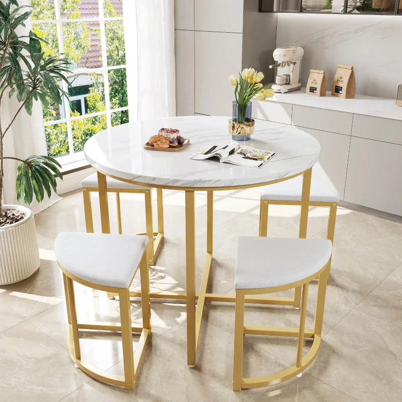 Dining Table Set with 4 Velvet Chairs, Space-Saving Design, MDF Top and Gold-Plated Iron Frame, Easy assembly, 80L x 80W x 75H cm, White+Gold