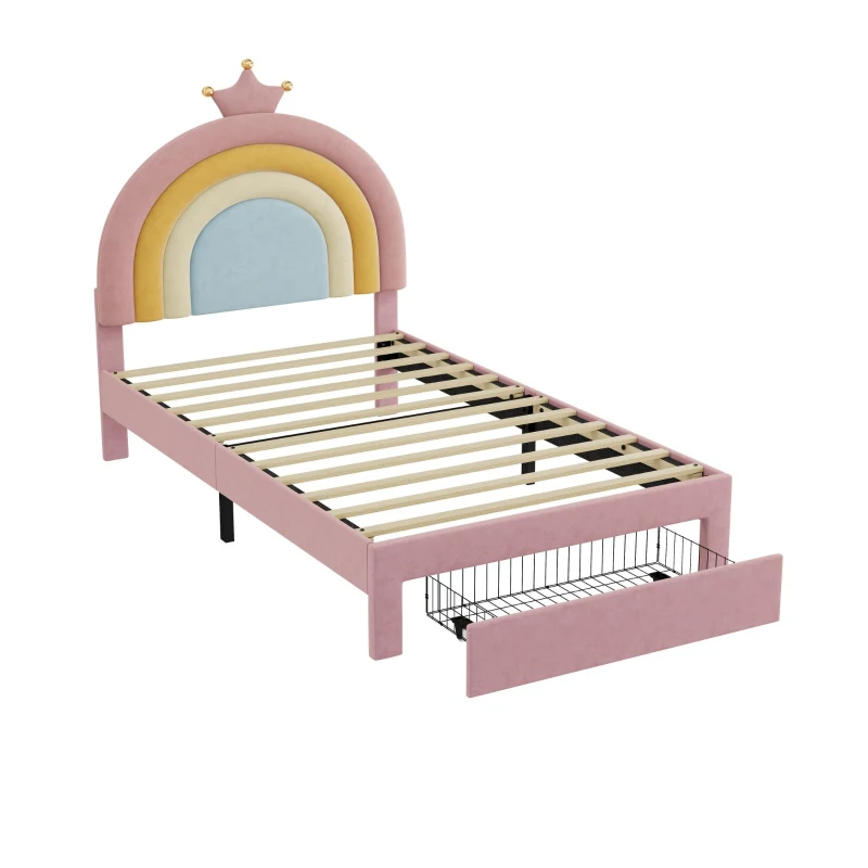 3FT Upholstered Bed with Adjustable Rainbow Headboard, Velvet Frame, Single Bed Frame with Storage Drawer, 194L x 94W x 128H cm, Pink