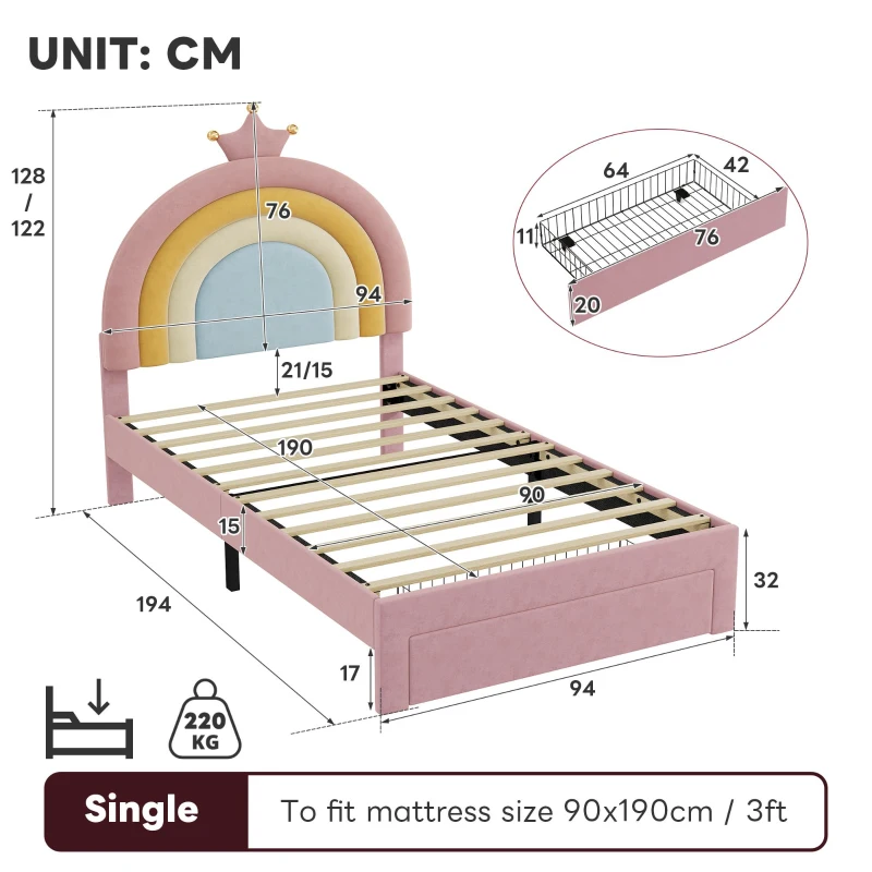 3FT Upholstered Bed with Adjustable Rainbow Headboard, Velvet Frame, Single Bed Frame with Storage Drawer, 194L x 94W x 128H cm, Pink