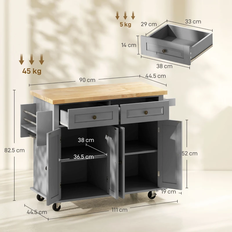 HOMCOM Căruț de Bucătărie cu 2 Sertare și 2 Dulapuri, Insulă de Bucătărie cu Blat din Lemn, 111x44,5x82,5 cm, Gri(m-3)