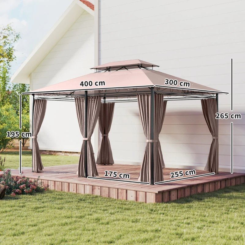 Outsunny Gazebo da Giardino 4x3m con Doppio Tetto e Tende Laterali in Acciaio e Poliestere, Color Cachi