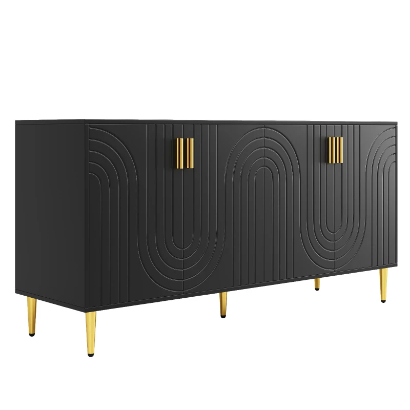 Wave Design Sideboard with Golden Handles and Feet, Multifunctional Storage Cabinet, Easy Maintenance, 152L x 40W x 75H cm, Black